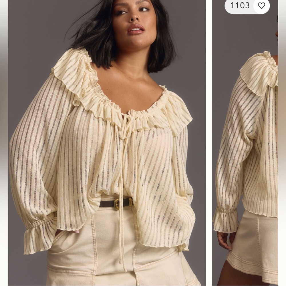 Anthropologie long sleeve sheer cropped tie blouse